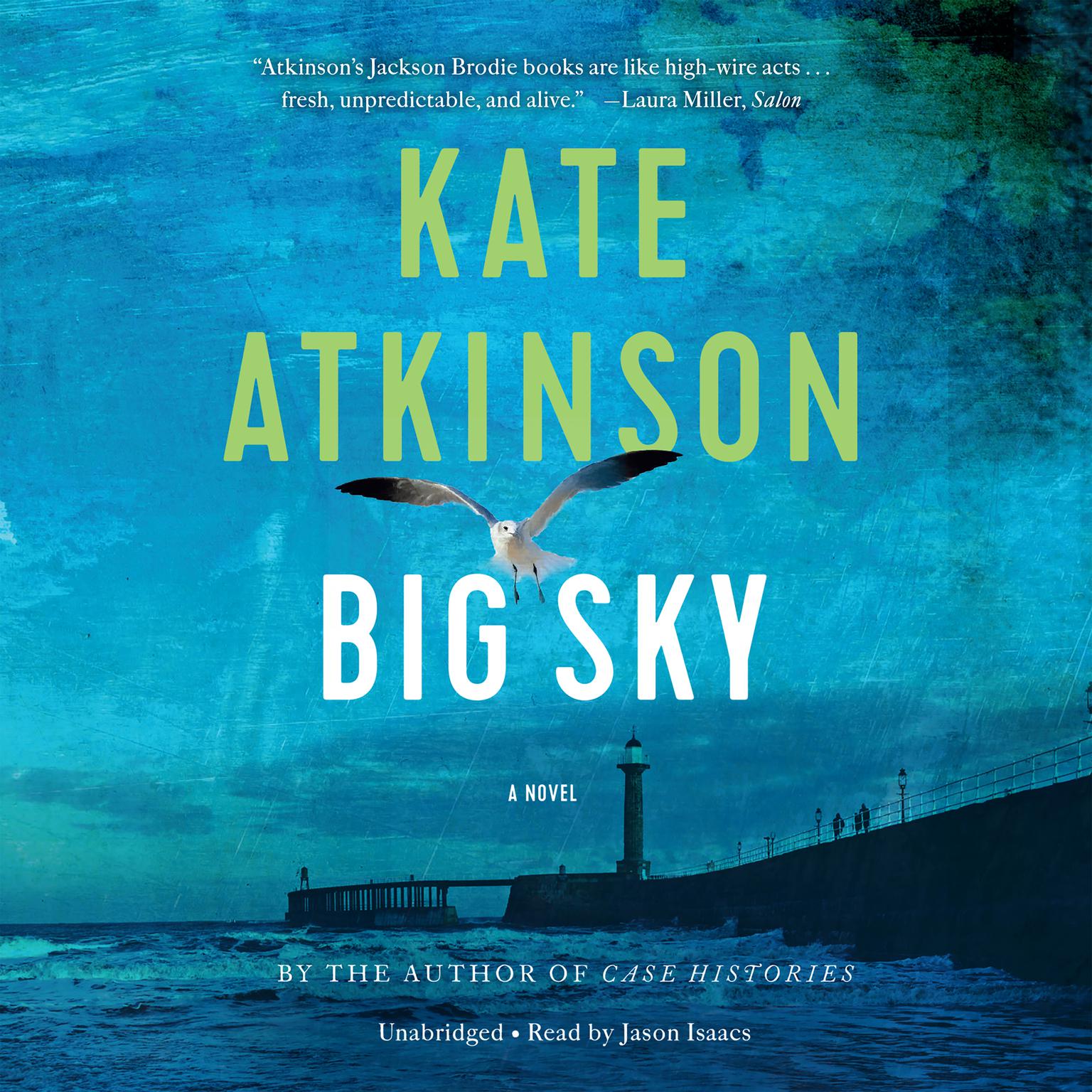 The book cover shows a turquoise sky and ocean, with a long pier extending into the water with a lighthouse and bridge at the end, and several people walking on the pier.  A seagull with wings extended is aloft in the foreground.