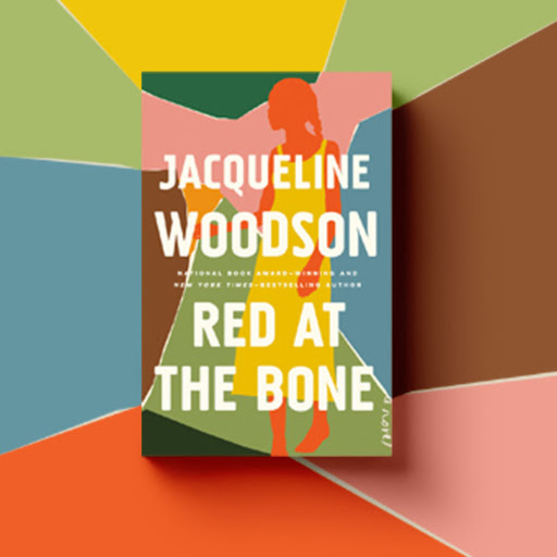 Bright color blocks frame the silhouette of girl, with her figure in red and dress in yellow. The author and title appear in large white text across the middle.