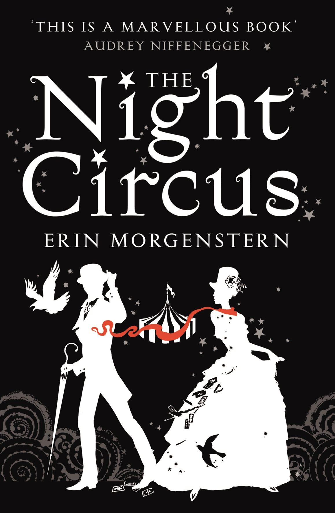 The Night Circus: Morgenstern, Erin: On a black background, two illustrated steampunk-era silhouettes in gray are depicted on either side of a black and white circus tent with stars dotting the background