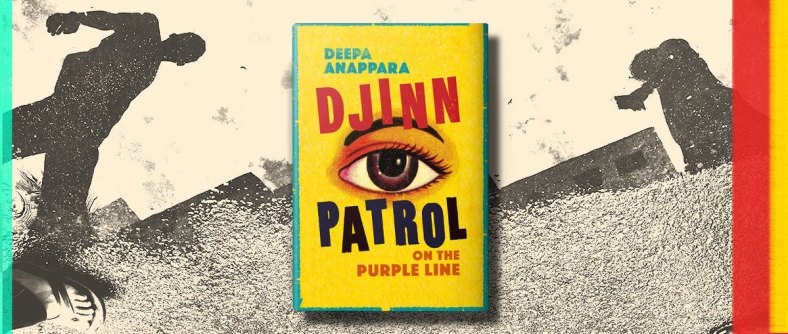 The bright yellow cover of the novel is set against a gritty photograph of people in silhouette. The cover features a large eye with the words "Djinn Patrol" surrounding it and "on the purple line" in smaller text below.