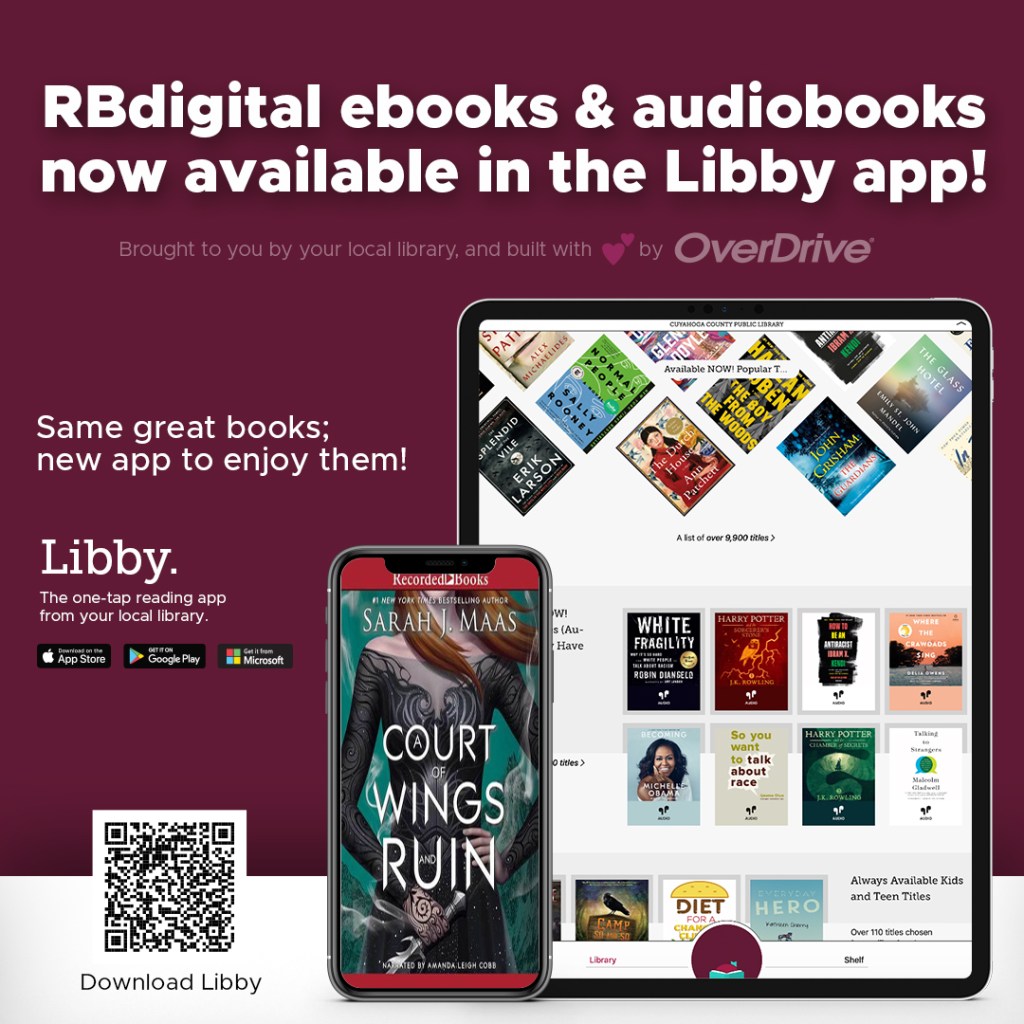 Deep red background sets off text in white for an ad for Libby app by OverDrive, which features a tablet and a phone displaying various book covers. 