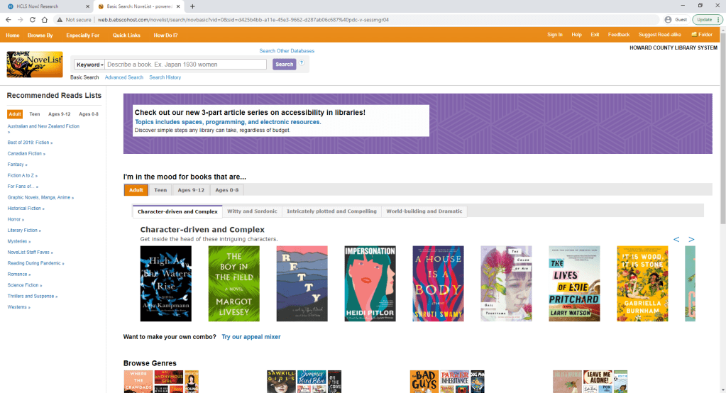 Screenshot of NoveList home page.