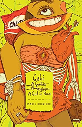 The book cover depicts a girl literally pieced together from different bodies, with an oversized arm and an arm of bones, a ribcage, a heart, an oversized toothy smile, and a single eye looking up.