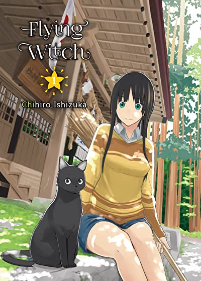 Illustration of a young girl dressed in a sweater and shorts sitting next to a black cat, holding a broom. With the eaves of a house and a stand of trees