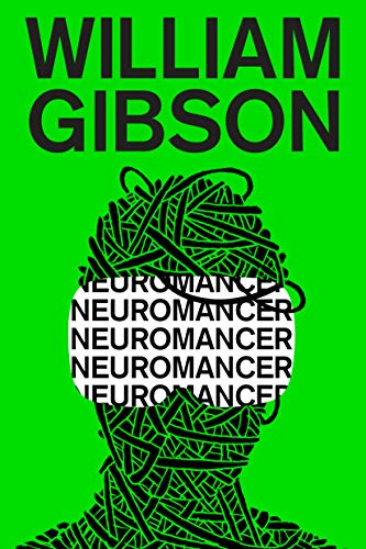 The background is a solid bright green, with the illustration of a head wrapped in cord or wire. Where goggle would appear, the text "neuromancer" is repeated in black letters on white.