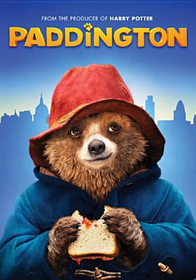 The film poster depicts Paddington bear in his red hat and blue coat, eating a jelly sandwich, against a blue background of the London skyline.