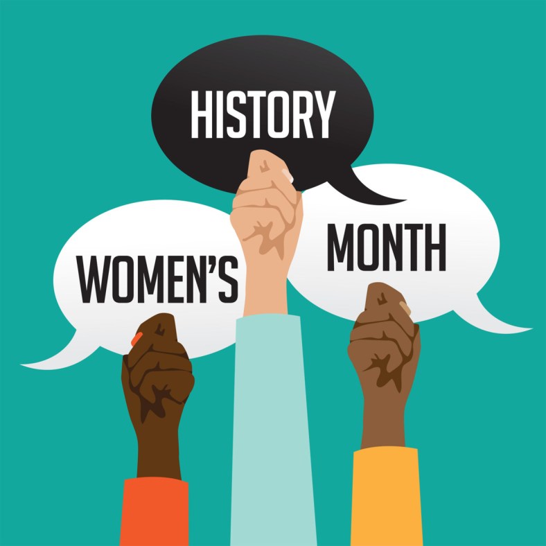 Against a teal background, three hands of varied skin tones rise up, holding quotation bubbles that read Women's History Month.