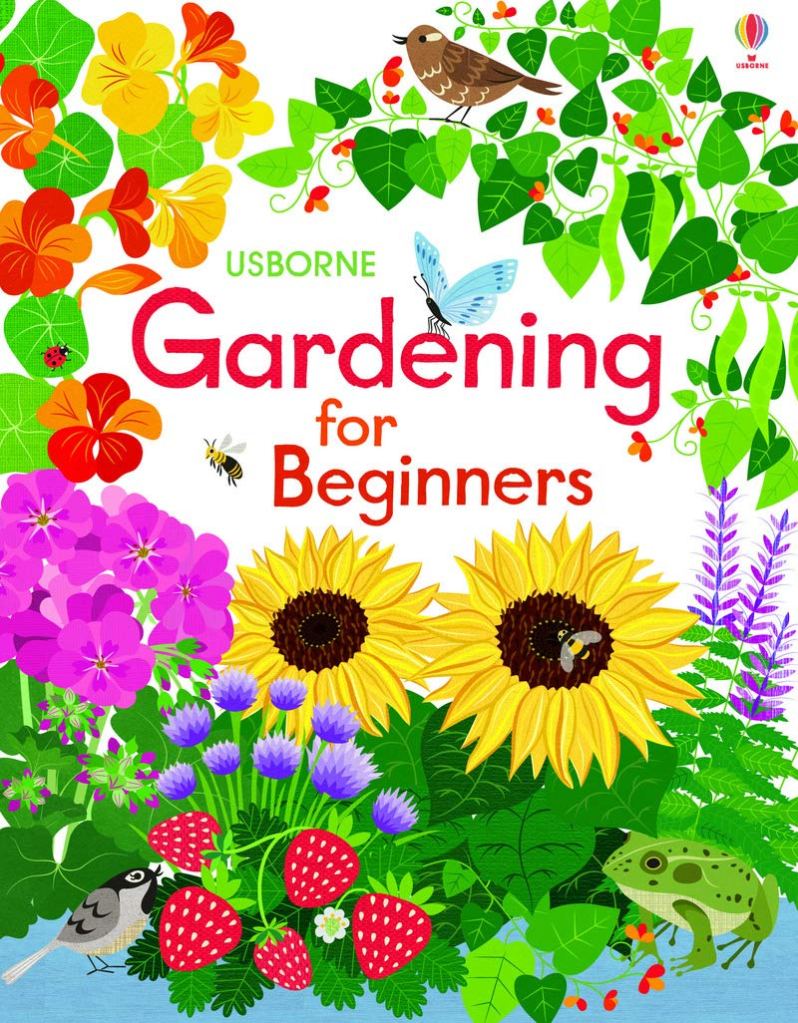 The cover depicts a garden of flowers, vines, and strawberries in bright primary and secondary colors, with birds, a butterfly, a frog, a ladybug, and a bee enjoying the vegetation.