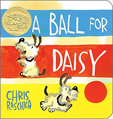 The cover depicts the dog, Daisy, a white dog with brown ears and tail and a black nose. She is shown in two scenes: standing on hind legs as if alert for a treat, and chasing a red ball. There are bands of blue, red, and yellow, with the title and white and the two pictures of Daisy, as well as the gold Caldecott medal for this award-winning book.
