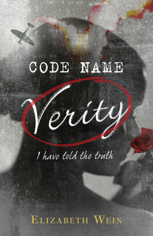 The cover is mostly in shades of grey, with a women's face seen from behind turned to the side, smelling a rose. A plane, in a down spiral, appears across the top. Spots of red in the smoke from the plane, the rose, and circling the name Verity provide a pop of color.