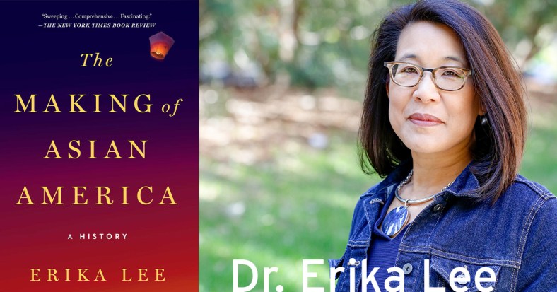 On the left, the cover of Dr. Lee's book: The color shades from deep blue to bright red with lettering in gold. A paper lantern floats in the top right corder. On the right: A photo of Dr. Lee wearing a denim jacket and large blue necklace, her hair is shoulder length and she wears glasses. A sunny green yard is out of focus behind her.