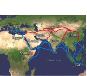 The public domain map in green, blue, and tan shades depicts the Silk Road Route that ran from China through India and Persia and into Europe,, as well as a more southerly route that encompassed modern-day Malaysia and Singapore, the coast along the Indian Ocean, and eastern Africa up to Europe via the Red Sea.