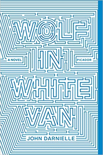 The book cover has the title in turquoise blue against a white background, the letters forming a labyrinthine maze.