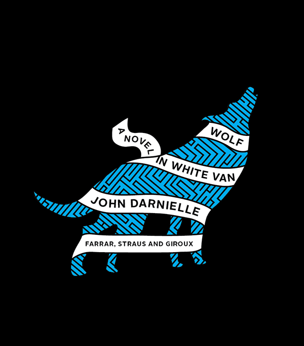 On a black background, the silhouette of a wolf howls. The wolf is in blue with a maze figured in black. A white banner wraps the wolf with the title and author.