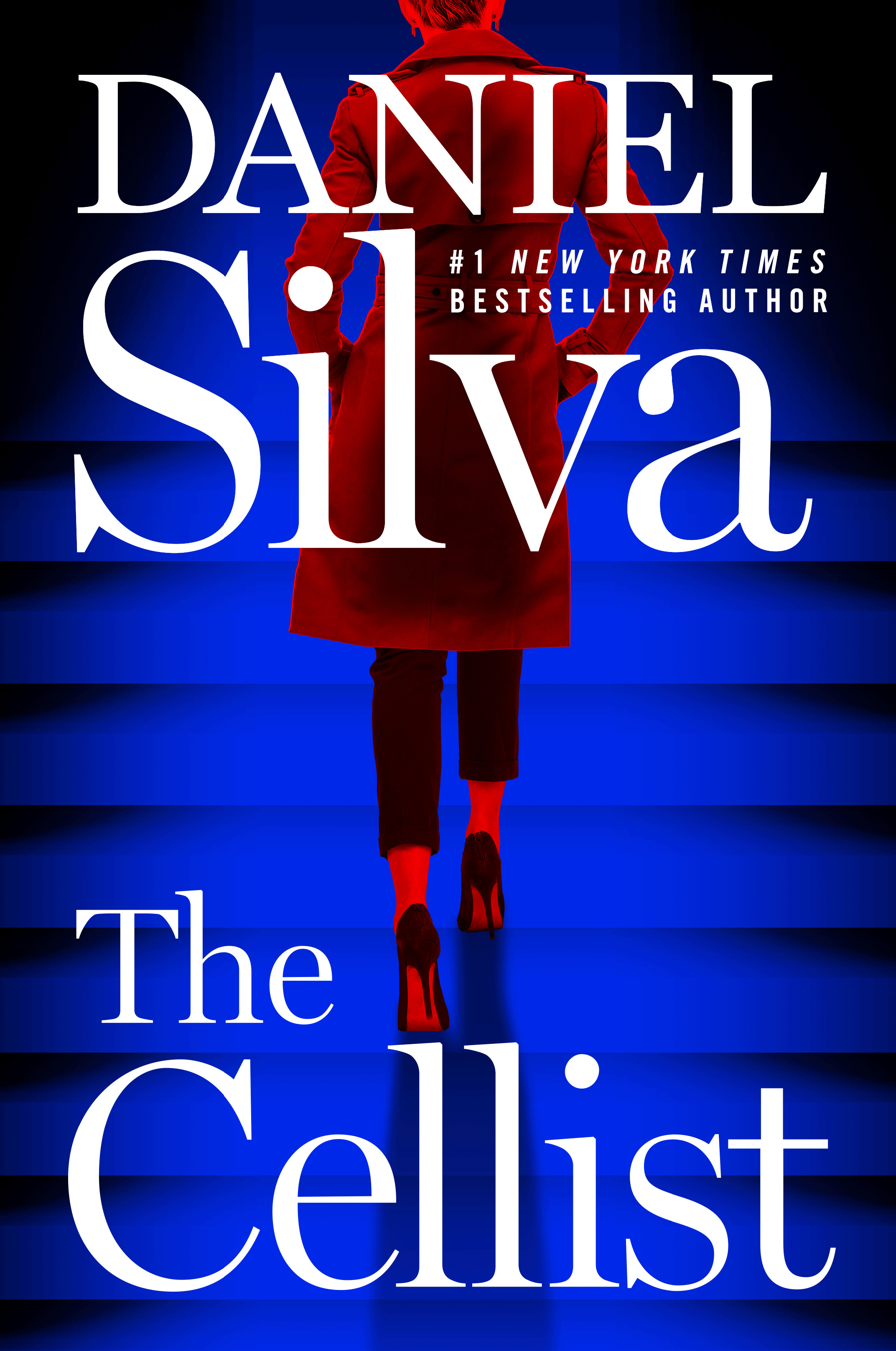 Book cover for The Cellist: A woman wearing a bright red coat and high black heels walks with her back to the reader. The cover is a bright blue that fades to black along the edges.
