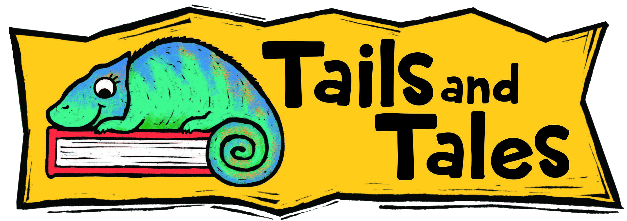 A green and blue chameleon rests on a red book. The yellow banner reads: Tailes and Tales.