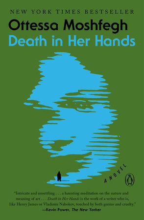 The cover is in green, with the semi-profile of a woman in light blue; its edges are jagged as if pixilated on a flickering TV screen. At the very bottom of her profile, where the chin would be, is a tiny human silhouette in black, facing her as if approaching.