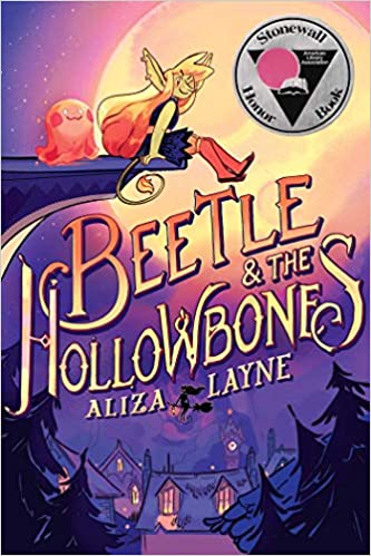 This image shows the cover of Beetle and the Hollowbones. Main character Beetle and best friend Blob Ghost are sitting atop a ledge set in front of a full moon over top of houses and trees.