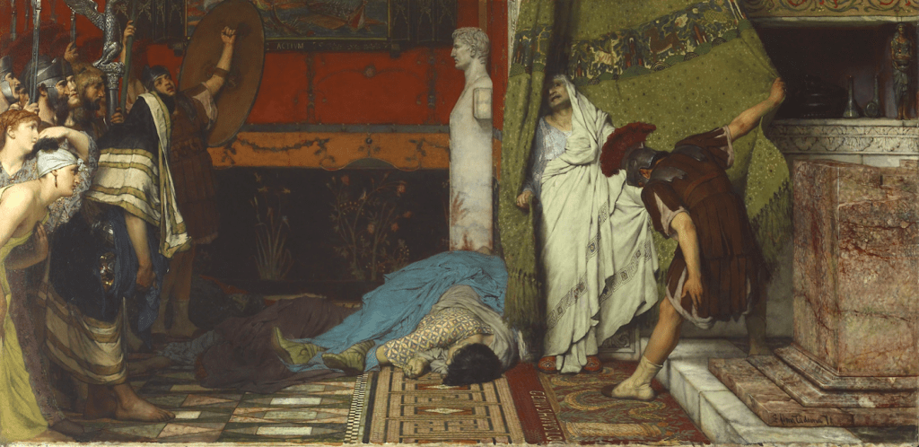 The painting depicts the aftermath of the murder of the emperor Claudius.  Gratus, a member of the Praetorian Guard, draws a curtain aside to reveal the terrified Claudius who is hailed as emperor on the spot.  Beneath the bloodtstained herm in the background lie the bodies of Caligula, his wife Caesonia, their young daughter, and a bystander.  Roman men and women are depicted at the left, overlooking the scene.