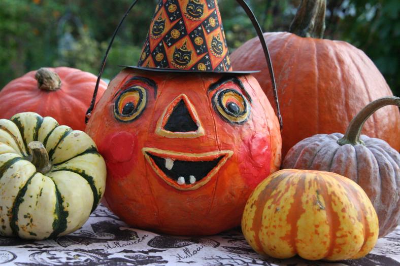 The photograph depicts a variety of pumpkin - white and green, yellow. and shades of orange - surrounding one large orange pumpkin decorated like a jack-o-lantern, with red cheeks, three white teeth, eyes with red and yellow irises, and a pointy witch's hat in red and orange, decorated with black cats and orange moons. All are resting on a tablecloth in black and white with a motif of bats, jack-o-lanterns, and the word "Halloween" repeating.