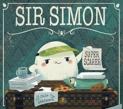 The cover of "Sir Simon: Super Scarer" shows a cute ghost seated at a desk, with a green printer's visor on his head and a typewriter, pile of papers, coffee cup, and pizza and a cookie on the desk. The setup resembles a journalist's desk although the desk itself is a brown trunk that latches. The figure holds up a sheet of paper from the typewriter that says "Super Scarer."