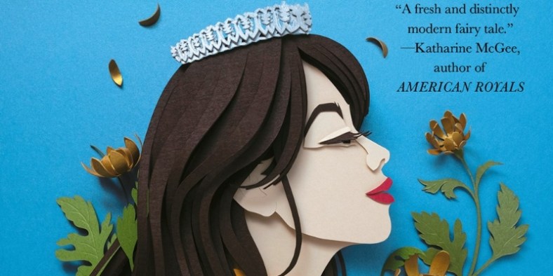 Close up view of the cover, featuring young woman's face created in paper art, with long dark hair, red lips, and a tiara, against a blue background. The quote read, "A fresh and distinctly modern fairy tale." Katharine McGee, author of American Royals