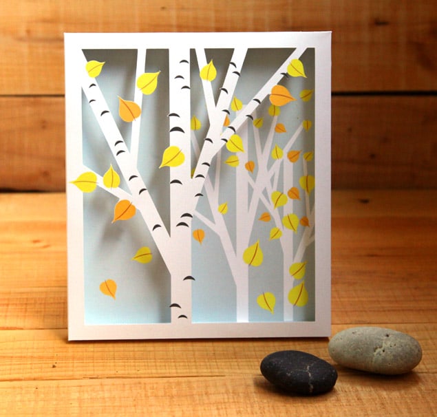 The photo shows a shadowbox format of birch tree branches and falling yellow and orange leaves against a pale background in a white frame, with a brown and a tan stone in the foreground. All are placed on a wooden tabletop.
