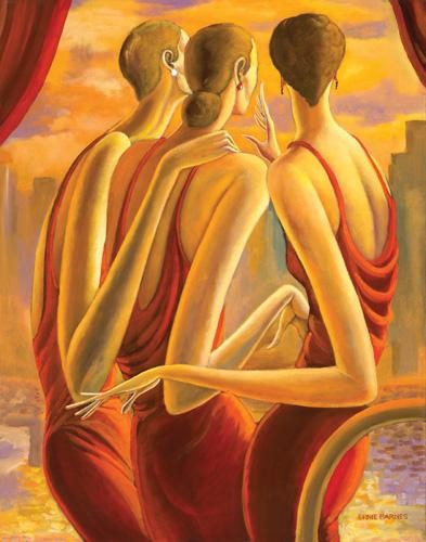 A painting by Ernie Barnes, The View, which showcases three African American women dressed in drapey formal dresses looking out at water and an urban skyline. The viewer only sees the women's elegant forms from behind as they are framed by red curtains. The palette is all golds and reds.