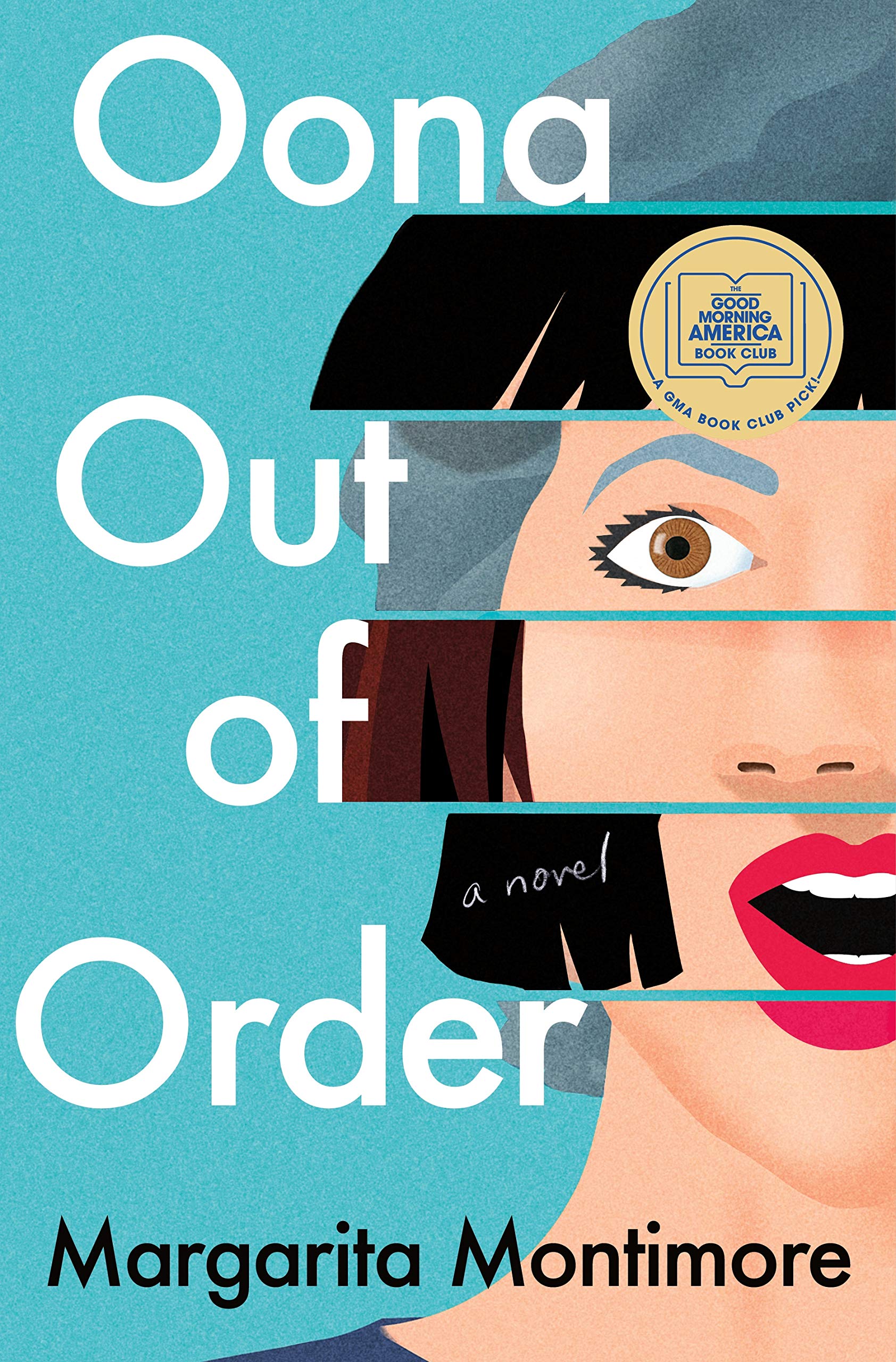 The bright blue cover shows the sliced up illustration of white woman with short dark bobbed hair with eyes and mouth wide in suprise. The portrait is only halfway on the right side of the book and the sliced strips are disjointed.