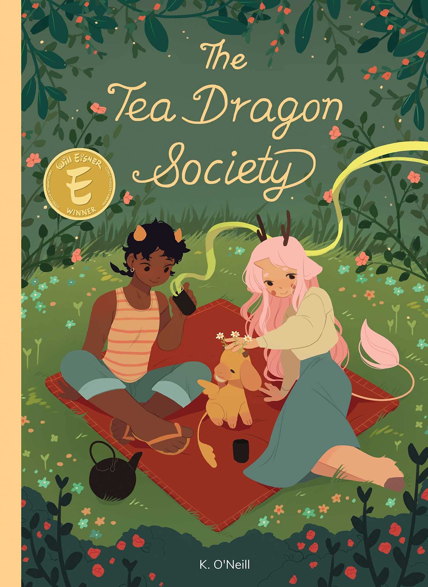 An illustration shows a green park with two friends enjoying tea on a blanket, pettting a small tea dragon. The friends are fantasy creatures with horns, dressed in modern casual clothes like flip flops.