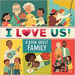 The cover shows a variety of different multicultural families interacting while doing various activities - running through the rain under an umbrella, playing with a dog, drawing, making music, and eating.