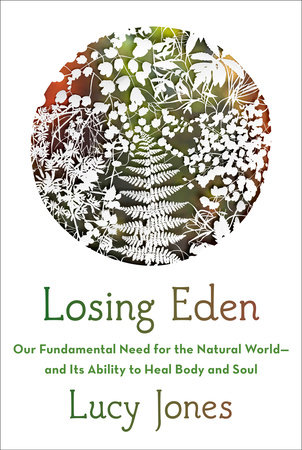 A circle filled with the white "negative" space of different sorts of ferms and plants against a green and red background sits above the title and author.