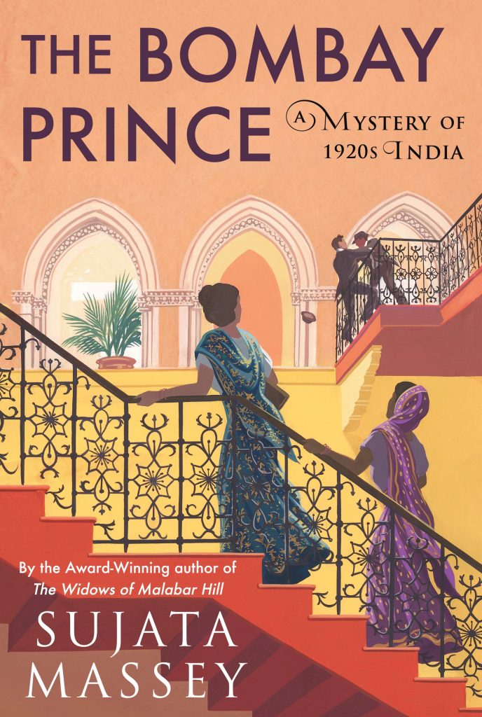The cover of The Bonbay Prince shows two women in saris ascending a staircase with a decorative banister, looking up as two men in suits appear to be fighting on a balcony above them. A potted palm tree is visible through a window on the landing.