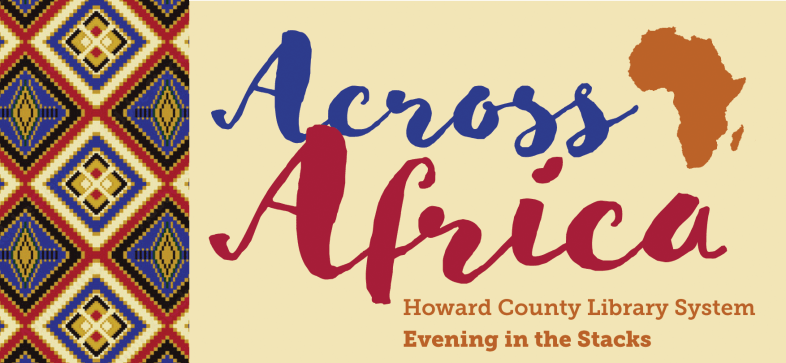 Event Logo incorporates a textile pattern in blue, orang, and cream along with the title "Across Africa" in script next to a silhouette of the continent.