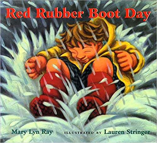The book cover depicts a child in red rubber boots and a yellow rain jacket splashing in a puddle as raindrops fall and land on the ground.