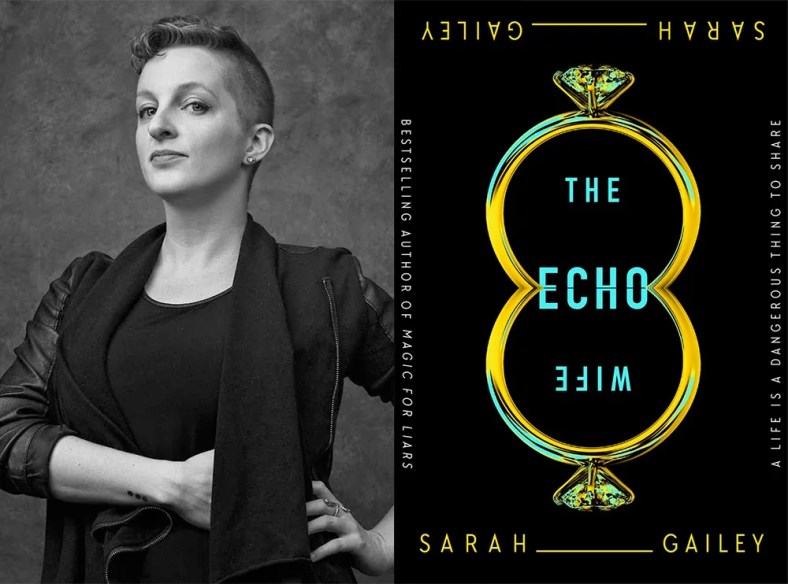 Black and white photo of the author, with short hair and one hand tucked inside her jacket, sits next to a cover of The Echo Wife. The cover shows an engagement ring and its reflection in gold with blue highlights, the title appears in blue inside the rings.