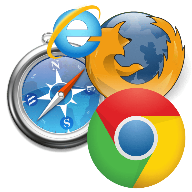 Overlapping web browser logos for Safari, Explorer, Firefox, and Google Chrome.