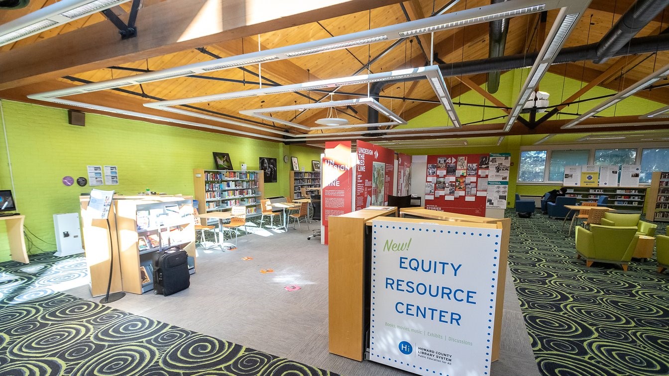Wide view of the upstairs at Central Branch of Howard County Library System, where the Equity Resource Center is housed.