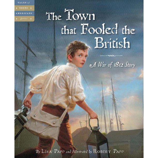 The book cover depicts a boy carrying two lanterns and looking over his shoulder, with the masts of ships in the background and a knapsack slung over his back.