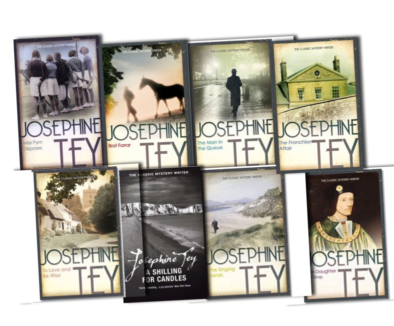 Eight Josephine Tey titles sit in a titled patchwordk, each showing a rural photography with her name listed prominently below.