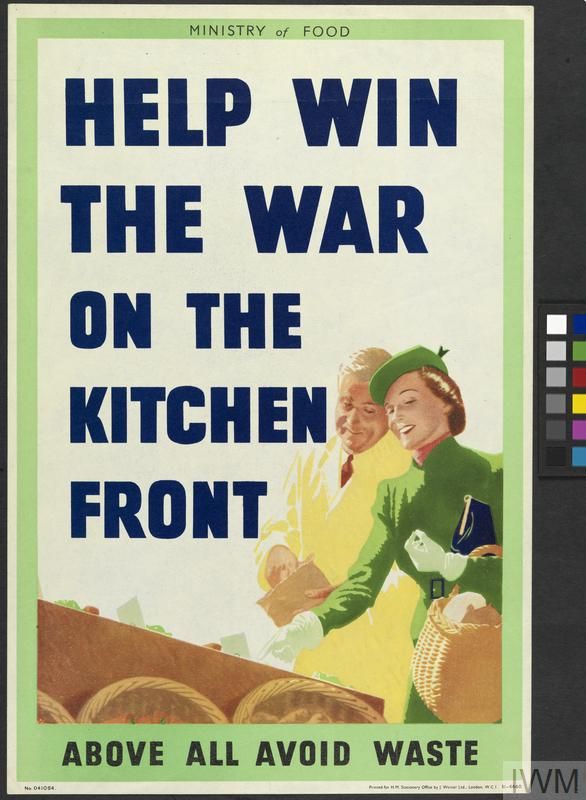 World War II poster featuring a woman in gloves and hat talking to a grocer that read: Help Win the War on the Kitchen Front.