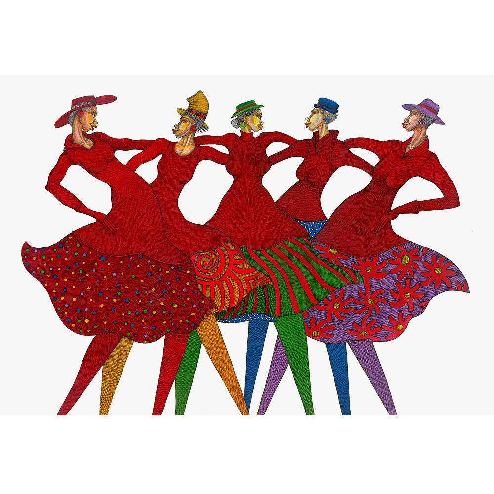 Sisters in Link by Charles Bibbs: Five women dressed in red with patterned skirts and colored tights looking at each other with their arms linked.