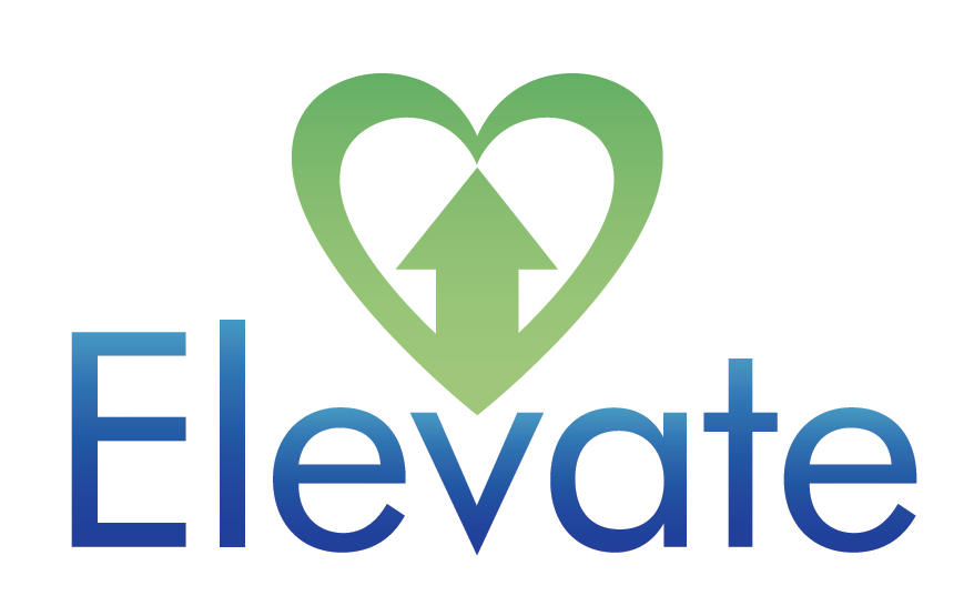The Elevate logo has a green heart that contains an upward pointing arrow above the