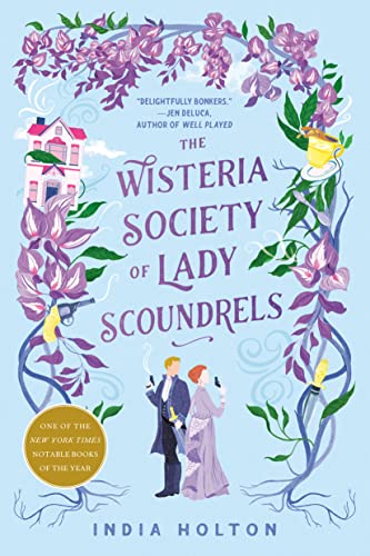 A pale blue background has an illustrated cover with purple wisteria twining up the sides, containing a tea cup and a house among the flowers. They from the title and and a well dressed couple standing back to back with pistols at the ready.