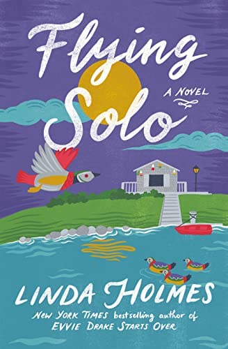 The cover of the book shows a stylized, cartoonish wood duck flying above a lake, with several wood ducks floating beneath along with a canoe tied up to a dock on a rocky shore. In the background are steps leading up to a small cottage with a streetlight and a railing behind it. The sun is reflected in the water and hovers in a purplish sky with two fluffy blue clouds.
