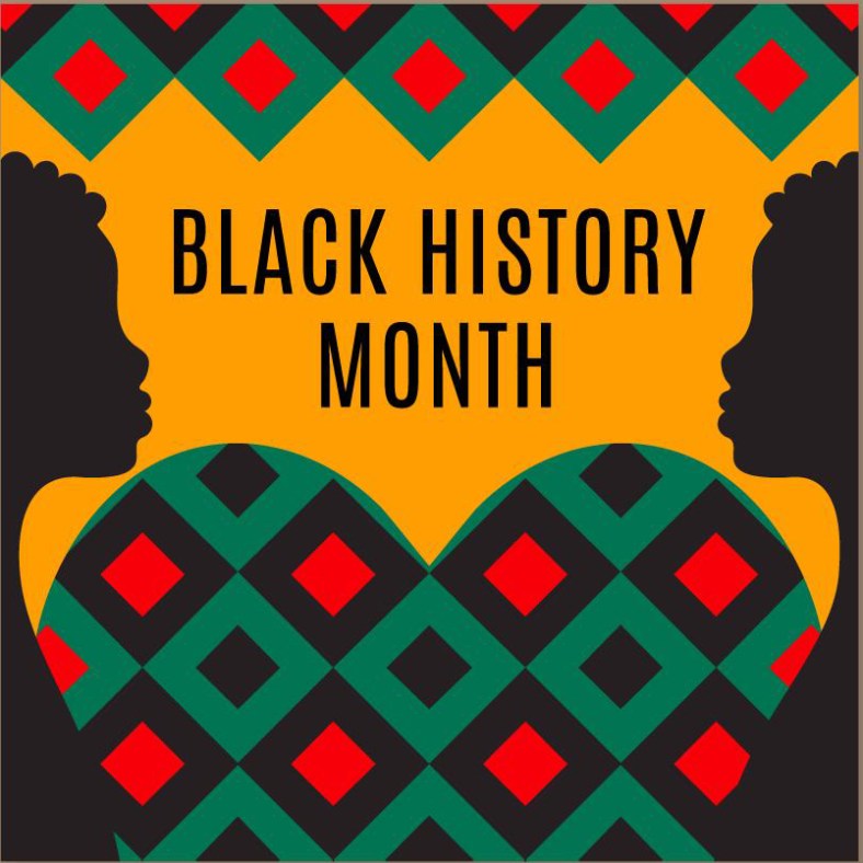 The illustration reads Black History Month, with two silhouetted figures to either side and a diamond patter in green, red, and black above and below. The lower pattern is in a heart shape.