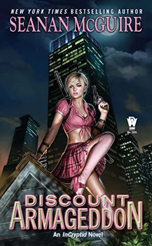 Young bond woman dressed in a short skirt, a tied up bluse, and heels holds a fun while sitting a room. A city skyline fills the background.
