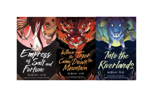 The three novella coves in a row, in pinks, oranges, and blues.