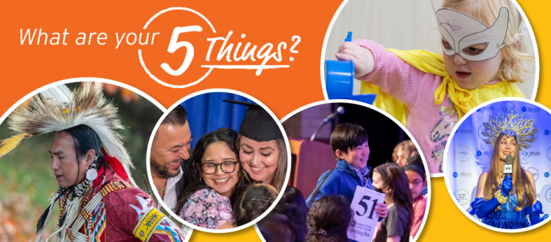 What are your 5 Things? Five photos against an orange backdrop: Native American Heritage Celebration, Poject Literacy, Spelling Bee, children's class, and from Evening in the Stacks.