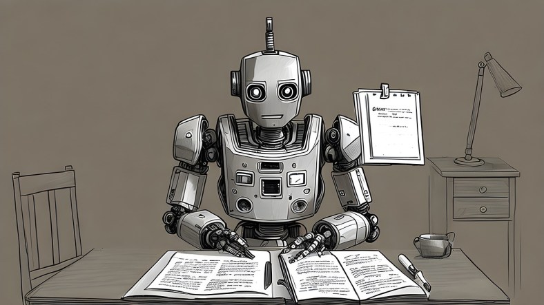 The image shows a robot seated at table, reading written materials placed in front of it. A chair is off to the side of the table and a smaller table with a lamp is in the background.